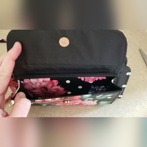 Clutch Wallet Black and Pink Floral Polka Dot Clutch with Chain Strap - Picture 3 of 13